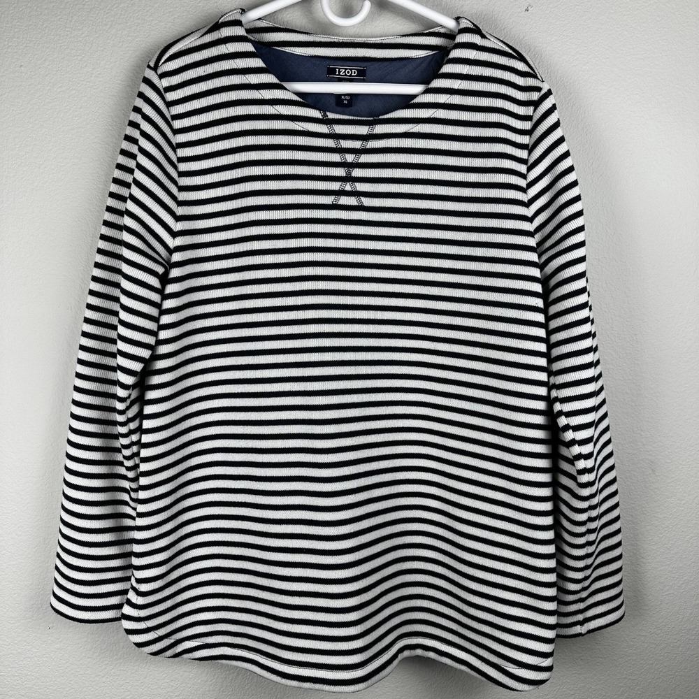 IZOD Sweatshirt Mens XL Black‎ White Striped Crew Neck Long Sleeve Excellent